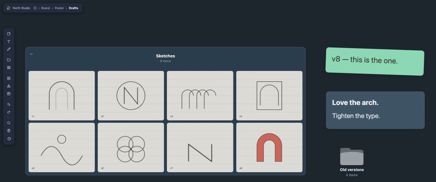 A Foldervas board inside North Studio › Brand › Poster › Drafts: a Sketches folder with eight drafts, two notes and an Old versions folder.
